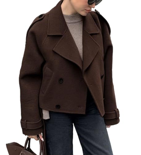 CHARTOU Women Crop Wool Pea Coat Lapel Collar Office Work Short Winter Jacket Trench Coat