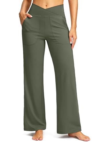 Soothfeel Wide Leg Pants Woman Yoga Pants with Pockets Crosscover High Waist Stretch Work Lounge Casual Dress Sweatpants Grey Sage