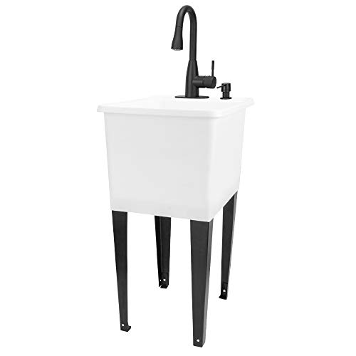 Image of White Space Saver Utility Sink by JS Jackson Supplies, Freestanding Tehila Space Saving Laundry Tub, Black Pull-Down Faucet, Soap Dispenser