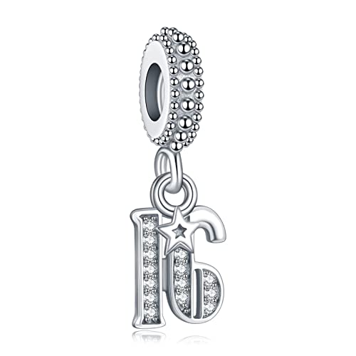 Annmors 16 Number Bracelet Charms, 925 Sterling Silver Pendant Beads Fit Pandora Charm Bracelets, Necklace, and European Snake Chain, Dangling Dangle for Happy Birthday 16th Anniversary 16 Years