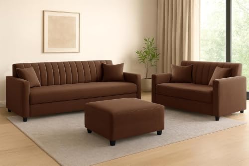Image of 3+2 Fabric Wooden Sofa Set with Ottoman for Living Room | Modern Upholstered 5-Seater Couch | Soft Cushion, Premium Velvet Fabric-Brown