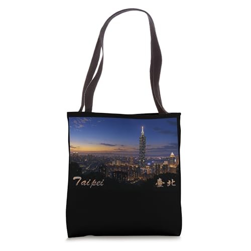 Bolso tipo tote con paisaje cinematográfico en estilo anime de Taipei al atardecer, con iluminación del edificio Taipei 101 miniatura 1