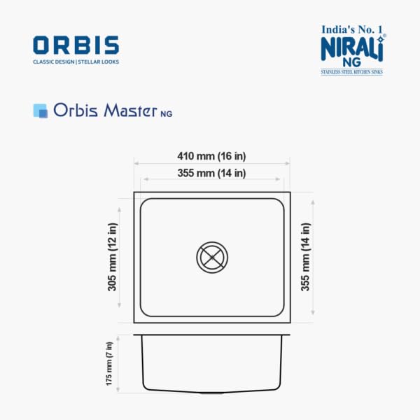 Image of NIRALI Kitchen Sink 16 x14 Inch 304 Heavy Duty Stainless Steel | Single bowl Sink Round Coupling | Rust & Stain Resistant | Glossy Finish | Minimizes Sound Orbis Kitchen SInk (Glossy, 16 inch x 14 inch x 7 inch)