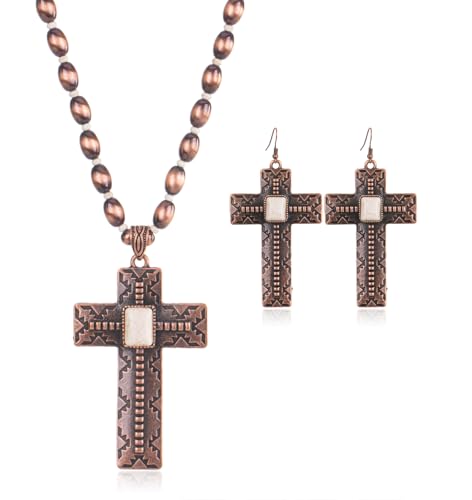 Montana West Rustic Couture's Cross Pendant Necklace Earrings Western Turquoise Jewelry Set for Women 2 Pieces Cowgirl Vintage MBB-RNS-1012WT