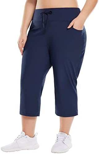 BALEAF Plus Size Capri Pants for Women High Waist Pull on Pockets Casual Summer Navy 3XL