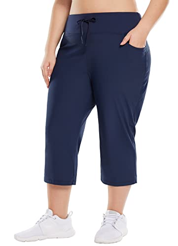Baleaf Plus Size Capri Pants For Women High Waist Pull On Pockets Casual Summer Navy 3Xl #TOP24