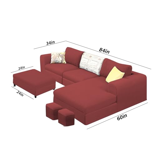 Image of Koza RHS 4 Seater L Shape Sofa Set with Center Table for Living Room (Maroon Fabric) Premium Fabric Sofa