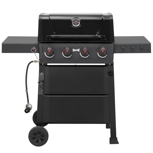 Feasto 4-Burner Propane Gas Grill with Dual Side Tables, Outdoor BBQ Grill with Enameled Coated Chamber Body for Backyard, 36,000 BTU Powerful Grills for Outdoor Cooking, Black