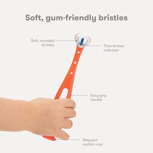 Image of Frida Baby Triple-Angle Toothhugger Training Toddler Toothbrush | Toddler Toothbrush 2 Years and Up, Cleans All Sides at Once | 2 Pack (Pink + Blue)