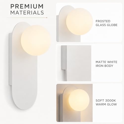 Image of Glass Globe Wall Sconce,White,Suit for Bedroom and Hallway | Ambient Lighting,Milk Glass Sphere Lampshade,Mid Century Modern Style,Hardwired Design,for Stairway and Corridor
