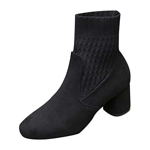 oiangi Knitted Ankle Boots for Women - Fashion Chunky Heel Round Toe Suede Slip-on Sock Mid Heel Short Booties Skinny Comfortable Casual Ladies Shoes