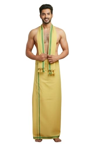Image of Men's Cotton Dhoti & Towel set | Traditional South Indian Mundu | Soft Vesti for Men | Daily & Festive Wear | 2mtr | 33 x 66 cm Towel