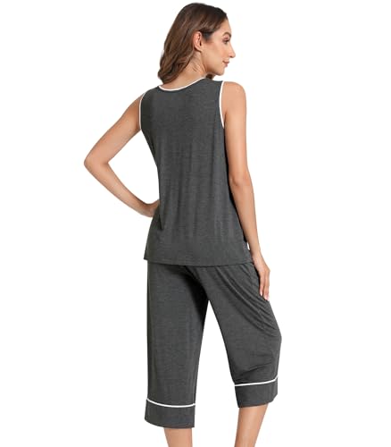 Image of NACHILA Pajamas Set for Women-Viscose Made from Bamboo, Tank Top with Capri Pants Pajama Cool Sleepwear Sleeveless Pjs