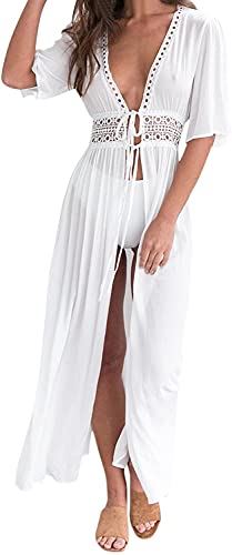 EGSDMNVSQ Femme Été Robe Paréo de Plage pour Maillot de Bain Dentelle Crochet Front Ouvert Chemisier Kimono Robe de Plage Blouse Bikini Cover Up Cover