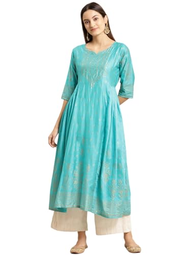 Image of rangita Turquoise Viscose Calf Length Printed Anarkali Kurti for Women | Kurta for Women