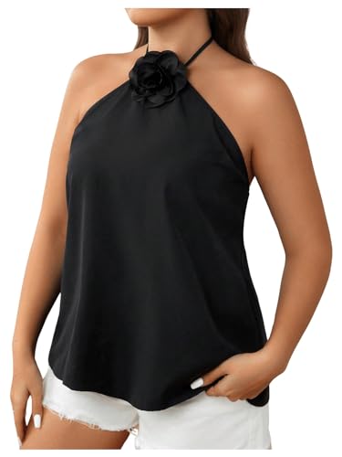 BEAUDRM Women's Plus Size 3D Flower Halter Top Casual Sleeveless Tie Backless Loose Tops Black 2XL