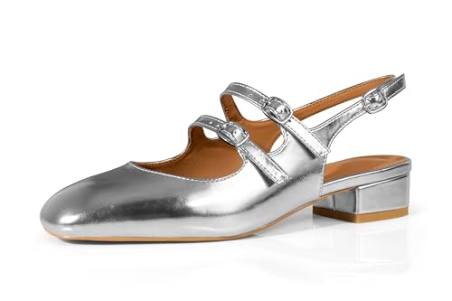 Image of anteikira Women's Round Toe Slingback Flats Closed Toe Double Strap Mary Jane Flats for Women 1 Inch Heel Dress Shoes Low Heel Causal Work Office Pumps for Women Size 5.5-12US
