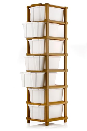 Image of 7 Layer Plastic Modular Storage Drawer Organizer | Chest of Drawer Storage Box for Living Room, Office, School and Home Toys | Organiser for Kids Room | Ivory & Brown (7-Layer ivory)