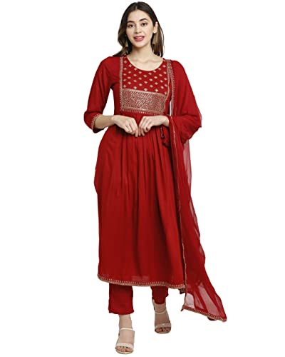 Image of Rajnandini Women's Rayon Embroidered Kurta Set With Dupatta (JOPLVL245-P Maroon P)