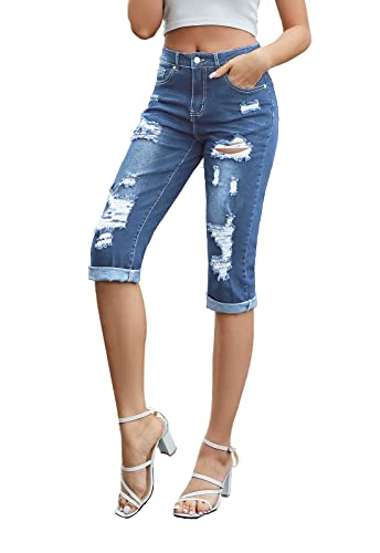 Women's Mid-Rise Capri Jeans Ripped Stretch Jean Capris Denim Pants2