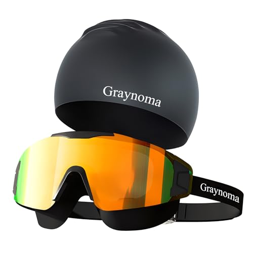 Graynoma Swimming Goggles Swimming Cap Set, Anti Fog Swim Goggles UV Protection Silicone Swim Cap Waterproof for Adult Men Women (Aurora orange)