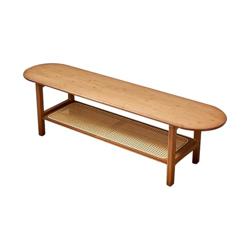 Mueble de mimbre de bambú para TV con almacenamiento, consola de TV de 140 cm, mesa de centro moderna con 2 estantes abiertos, elegante mueble de TV para sala de estar, diseño que ahorra espacio