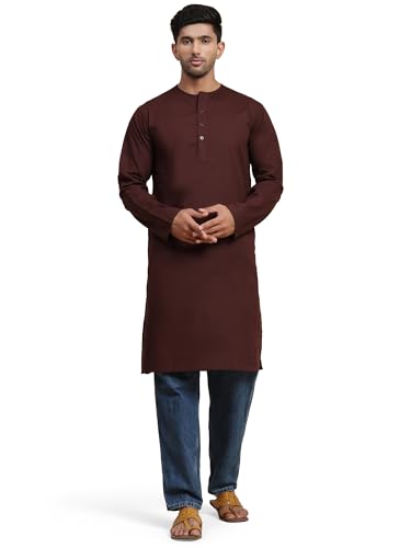 Image of Amazon Brand - Anarva Men's Cotton Solid Round Neck Kurta Long Sleeves Straight Knee Length Casual Shirt