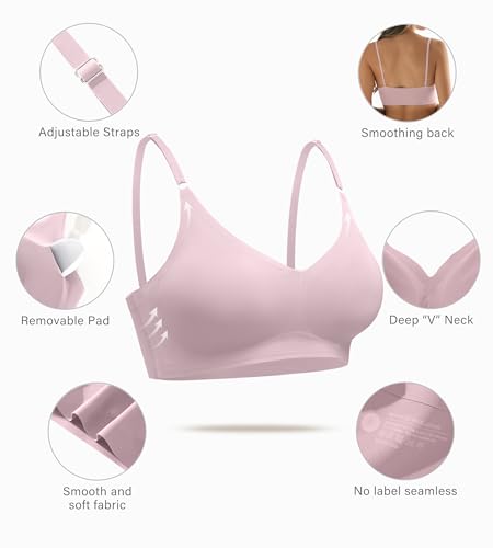 Image of DEANGELMON V Neck Bra Padded Seamless Adjustable Straps Bralettes Everyday Basic Sleeping Bras Multiple Pack