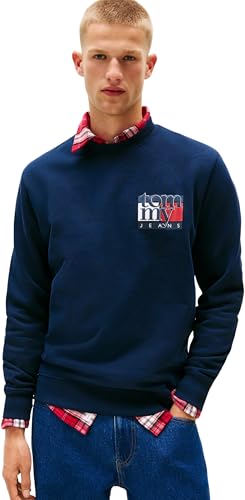Tommy Jeans Sudadera Hombre Flag Crew con Cuello Redondo, Azul (Dark Night Navy), XL