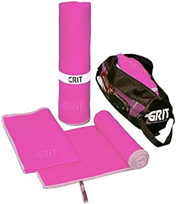 Grit Performance Gear Microfiber Gym Towels for Sweat, Yoga Towel, Lightweight Travel Towel Set, 3 Quick Dry Workout Towels, Backpacking Gear, Camping Accessories, 3 Sizes in 1 with Travel Bag (Pink)