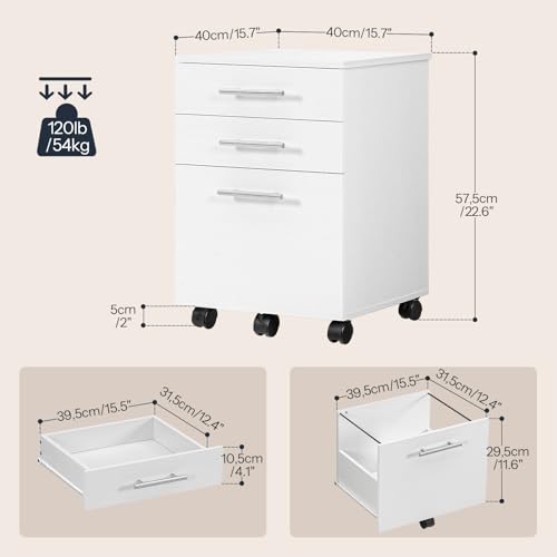 Image of HOOBRO 3-Drawer File Cabinet, Wooden Under Desk Filing Cabinet, fits A4 /Letter Size for Home Office, Small Rolling Storage Drawer Chest, Printer Stand with Drawers, White WW02WJ01G1
