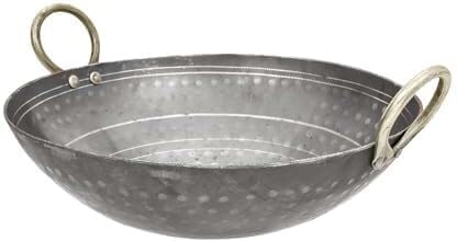 Image of Shri Gaurangi Traditional Iron Matthar Deep Bottom Kadai Frying Pan for Cooking Fry Heavy Base Iron Kadhai with Handle Handmade Silver Color Induction Friendly (8 inch)