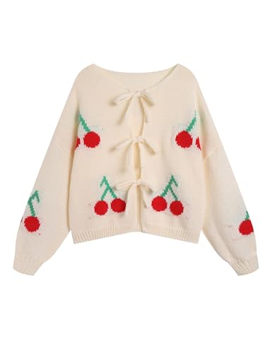 Image of FindThy Women's Tie Front Cardigan Sweater Cute Long Sleeve Crew Neck Bow Knot Knit Outwear