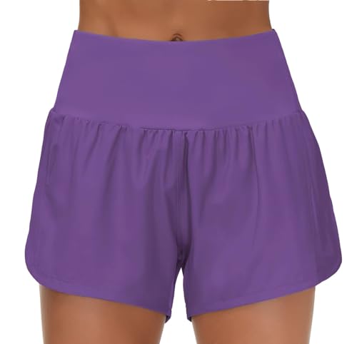 Pantalones cortos deportivos de verano para gimnasio y yoga, 2 en 1, de cintura alta, para correr, para mujer, forro de malla de tela de secado rápido y bolsillos con cremallera, para correr, Morado