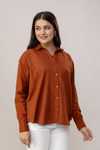 Image of Women's Linen Blend Shirt | Casual Collared Button Down Shirt for Women | Solid Color Full Sleeve Oversized Fit | Summer Casual & Office Wear Top