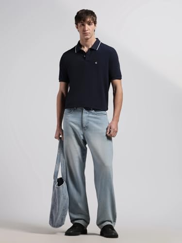 Image of Calvin Klein Jeans Solid Regular Fit Cotton Polo T-Shirt Breezy Blue