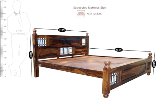 Image of Solid Sheesham Wood King Size Bed Without Storage | Wooden Double Bed Frame for Guest Room Modern Handcrafted & with Headboard |Honey Walnut Finish