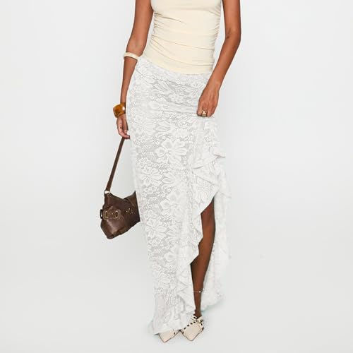 Women's Lace Long Skirts Sheer Lace High Waist Skirts Summer Fashion Irregular Ruffles Cover Up Bodycon Skirts3