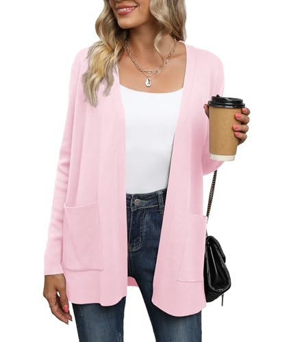 Yommay Strickjacke für Damen Elegante locker lässig leichtes Frauen Herbst Langarm Pullover mit Taschen,Z Rosa,XL