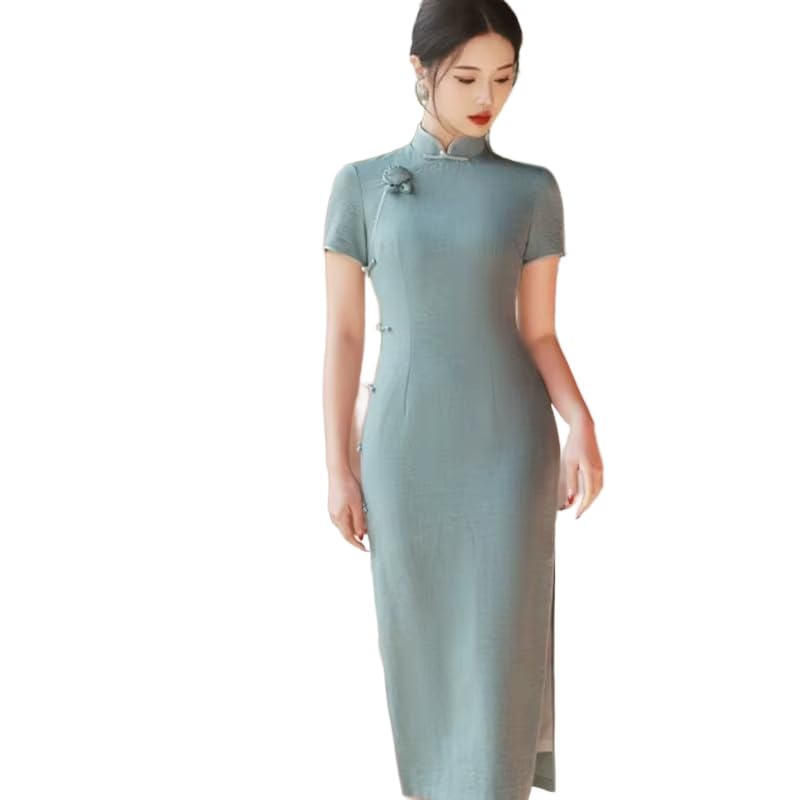Cheongsam De Manga Corta para Mujer - Vestido De Fiesta Elegante De Primavera Y Verano De Color Sólido Estilo Chino Tradicional Ajustado hasta La Rodilla