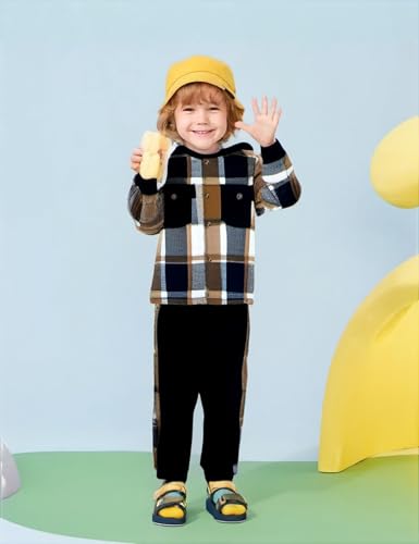 Image of Toddler Boy Clothes Plaid Hooded Shirt White T-shirt Top and Solid Color Pants 3Pcs Winter Boys Clothes