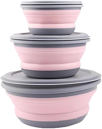 Razatik Faltschüssel mit deckel, 3Pcs Camping Faltbare Schüssel Tragbare salatschüssel Frischhalteboxen Runden Frischhaltedose für Camping Wandern Küche Schule im Freien (Pink)