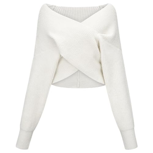 Women White V-Neck Knitted Sweater Long Sleeve Sexy Pullover Jumper Knit Tops