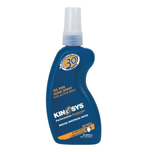 KINeSYS Lightly Mango Clear Spray Sunscreen for sensitive skin, SPF 30, Hypoallergenic, Broad Spectrum UVA/UVB protection for Face & Body, PABA and Oxybenzone FREE, 700+ Sprays, 4 Fl Oz/120 mL