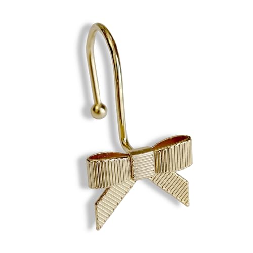 Dylrauoza Gold Bow Shower Hooks Rust Proof, Shower Rings for Curtain, Metal Shower Curtain Hooks Decorative for Bathroom, Set of 12