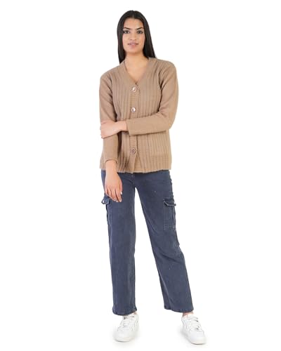Image of MANRA Women's Woolen V-Neck Buttoned Full Sleeve Cardigan Self Design Soft Wool Fabric Winter Wear Pure Wool Sweater Fully Warm with Front Pockets Stylish Cardigan