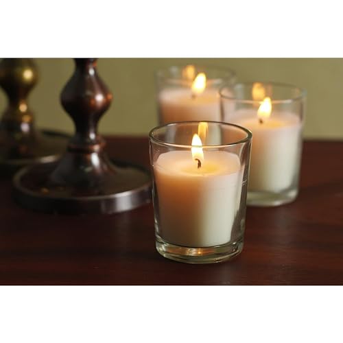 Image of Hosley 20-Pack Ivory Unscented Votive Candles in Clear Glass Holders - Long Burn Time Hand Poured Wax for Weddings and Home Decor