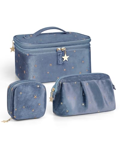Wedama Makeup Bag Gift for Women, Double-layer Cosmetic Bag with Jewelry Storage and Brush Holder 3 Pcs Velvet Makeup Organizer Bag Gift Set Travel Toiletry Bag for Women Girls, Blue