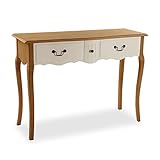 CARACTERÍSTICAS - Mesa recibidor de tamaño perfecto para la entrada o el pasillo. La consola tiene una altura de 80,5 cm, con un largo (fondo) de 110 cm, y un ancho (de lado a lado) de 38 cm. El peso es de 11 kg y está hecho de madera de pino de Nueva Zelanda y tiradores de metal. Color: encimera de color madera natural y toques en los cajones de color blanco. Incluye dos cajones
