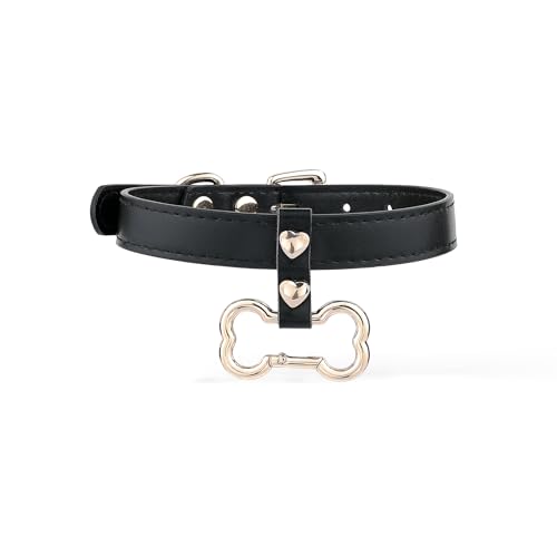 Handmade Bone Ring Leather Choker Collar For Women, Cute Pastel Pink Choker Necklace with Bone Shaped Pendant and Heart Rivets